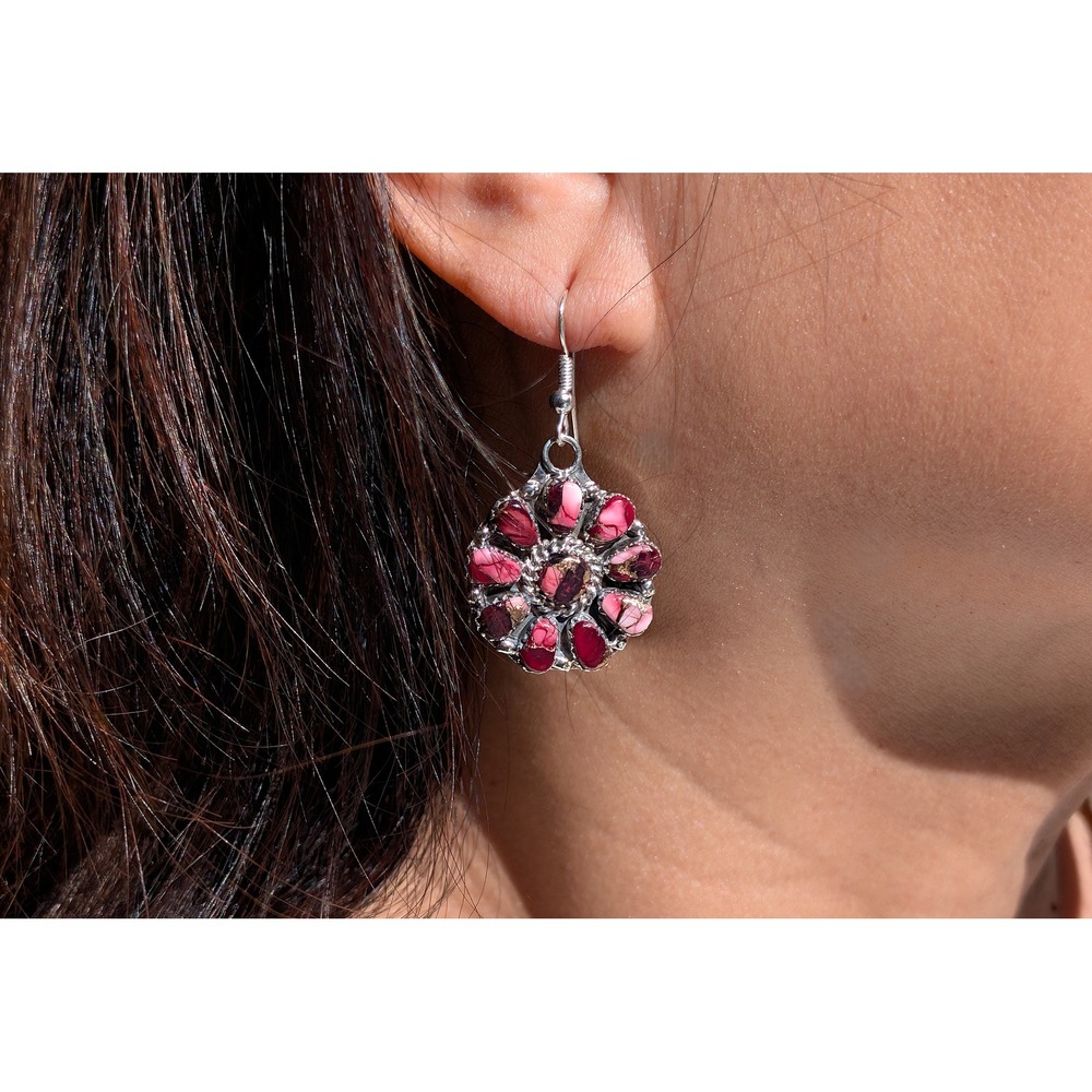 Navajo Purple Rose Dahlia Cluster Dangle Earrings Sterling Silver Jewelry **